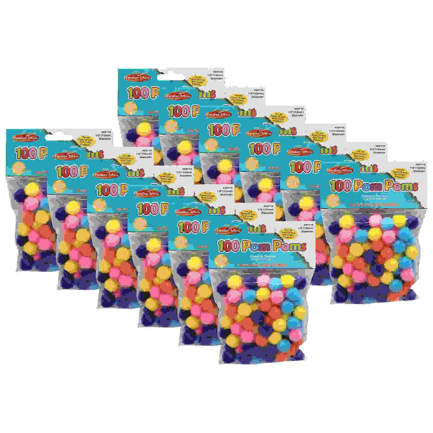 Pom-Poms, 1/2", Hot Colors, 100 Per Pack, 12 Packs