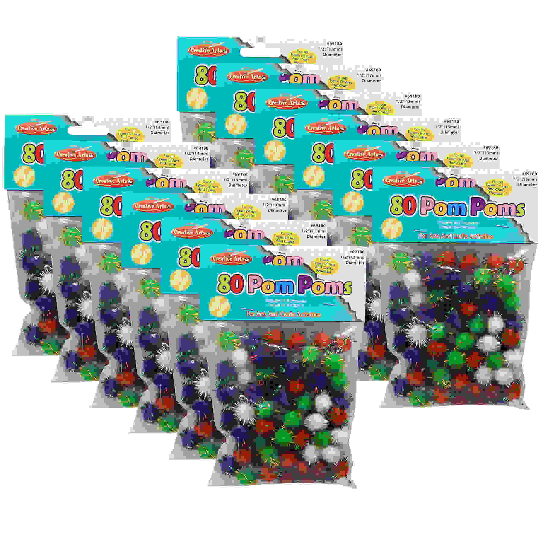 Pom-Poms 1/2", Assorted Glitter Colors, 80 Per Pack, 12 Packs