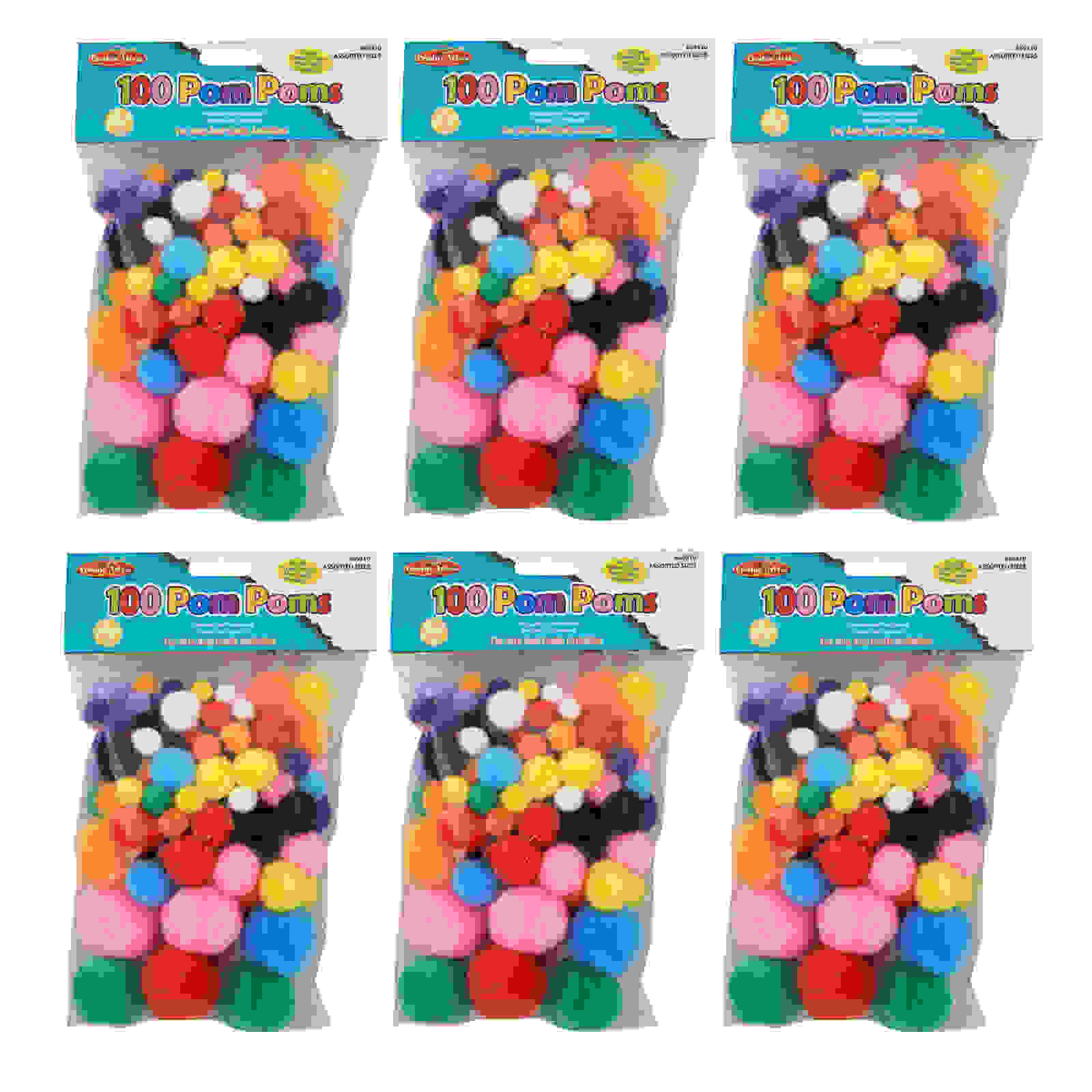 Pom-Poms, Assorted Sizes/Colors, 100 Per Bag, 6 Bags