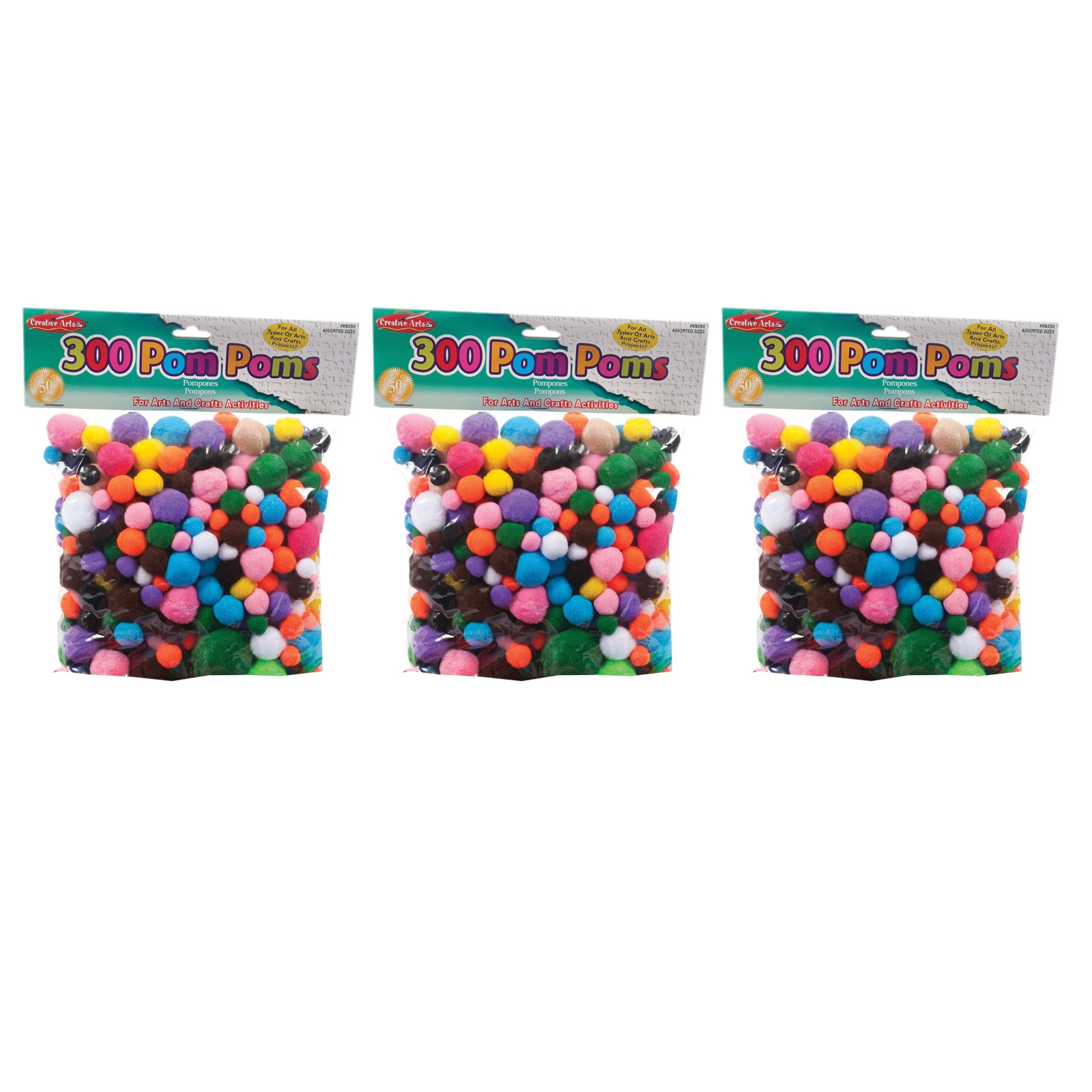 Creative Arts Pom-Poms, Assorted Colors/Sizes, 300 Per Pack, 3 Packs