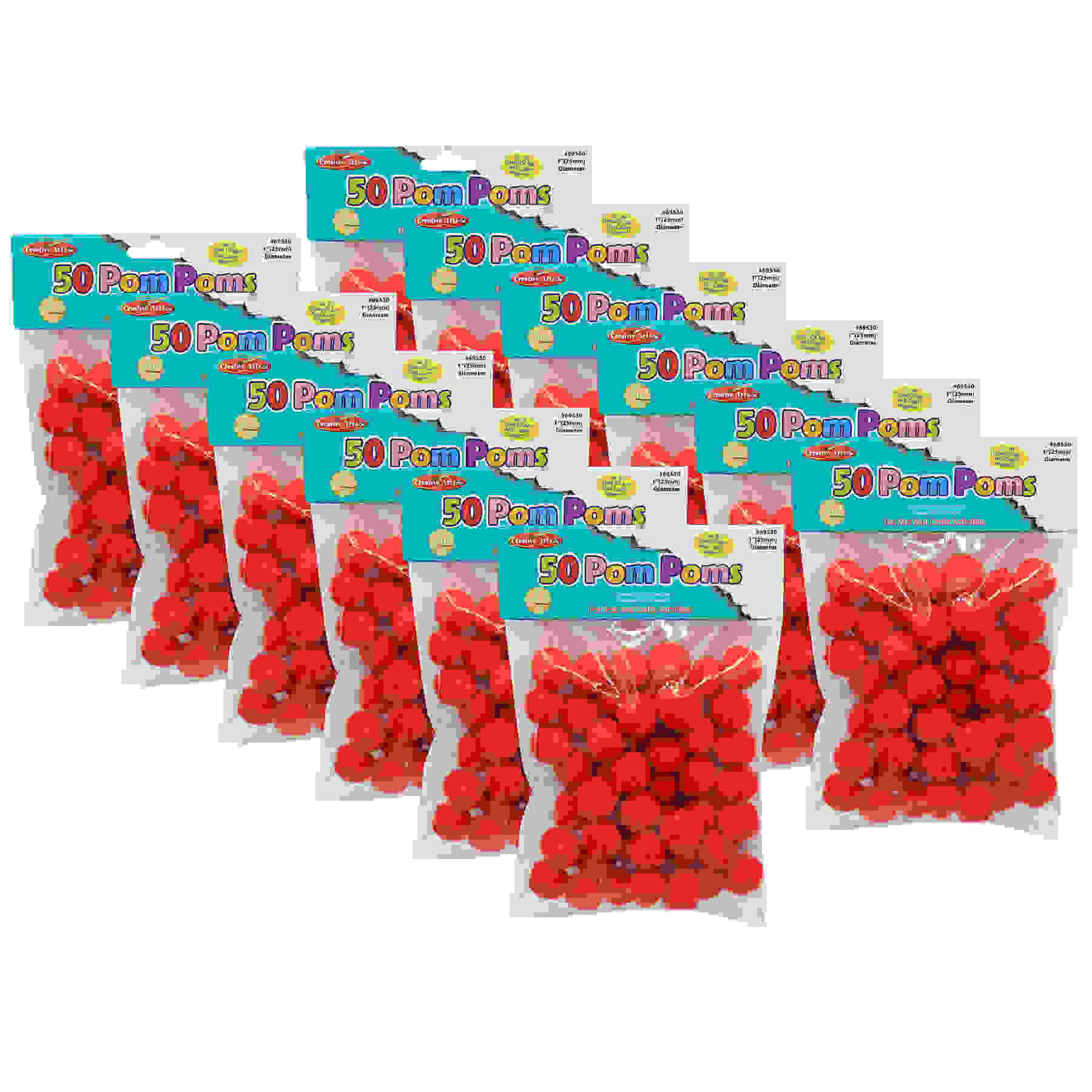 Pom-Poms 1", Red, 50 Per Pack, 12 Packs