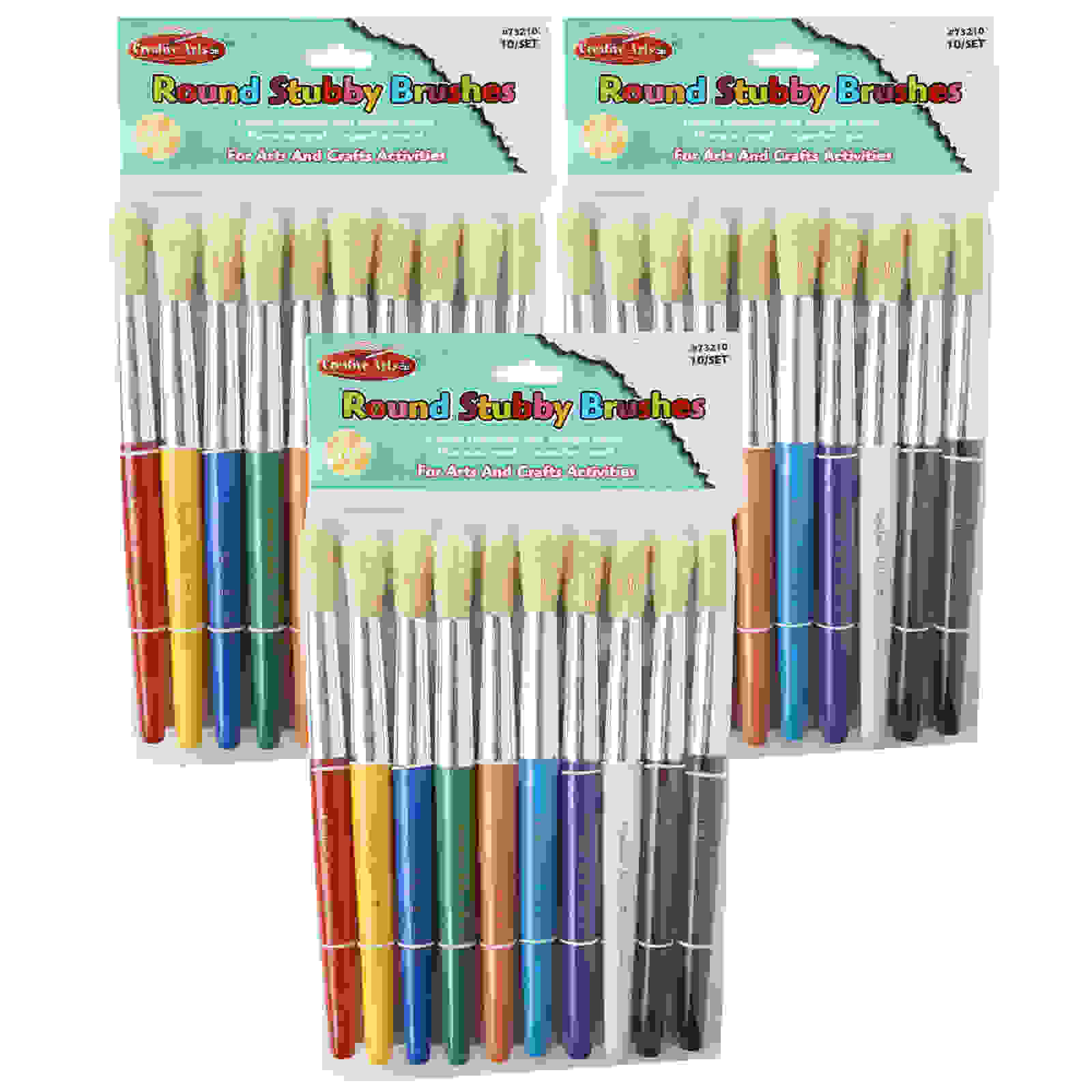 Creative Arts Stubby Round Brushes, Assorted Colors, 10 Per Pack, 3 Packs
