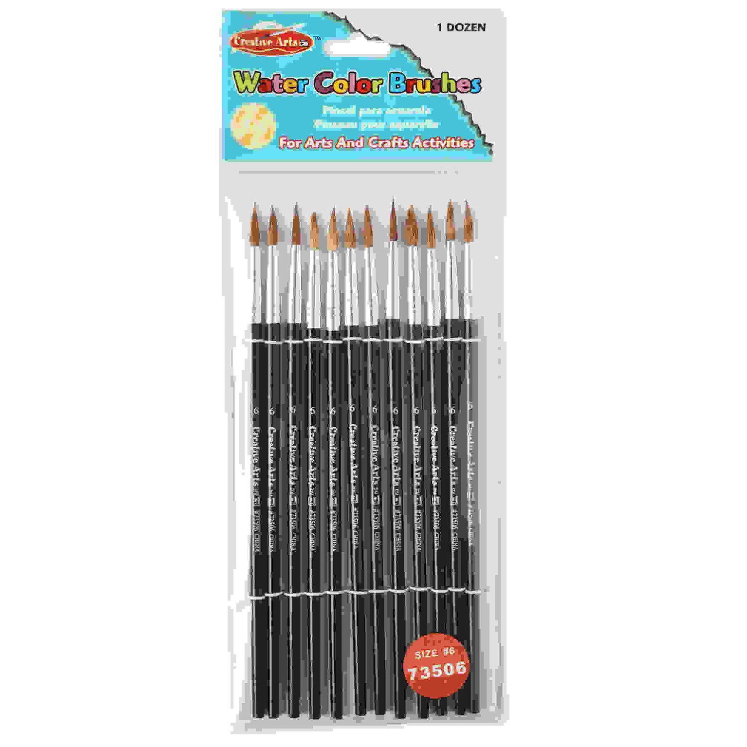 Water Color Paint Brushes with Round Pointed Tip, # 6, 11/16", Camel Hair, Black Handle, Pack of 12