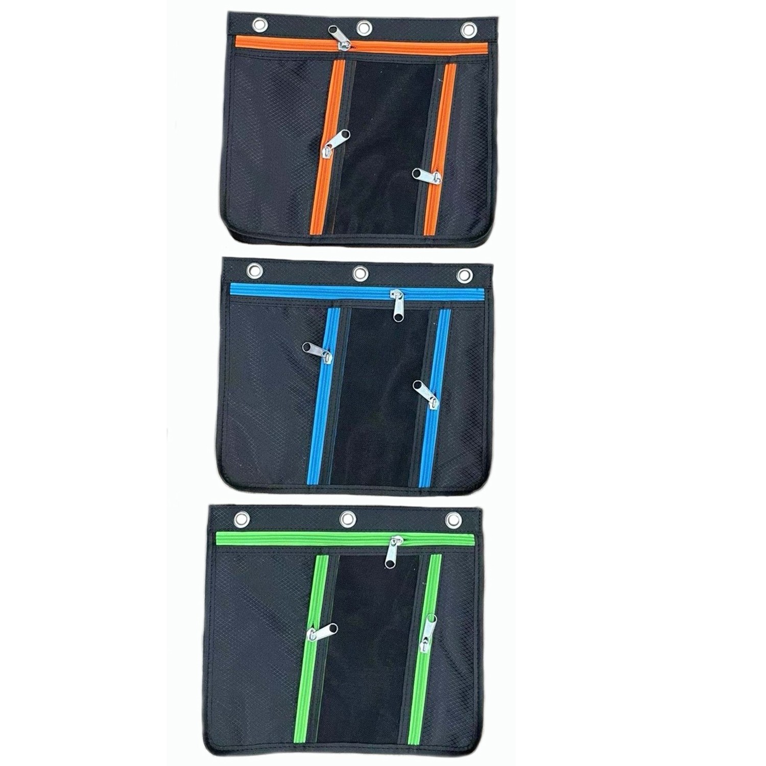 Expanding Pencil Pouch, 3 Pocket, 11"W x 9.5"H x 1"D, Assorted Colors, Pack of 24
