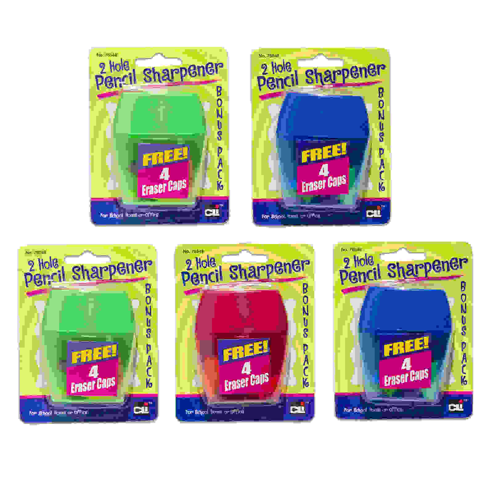 Two-Hole Pencil Sharpener w/Catcher, Bonus Erasers, Assorted Colors, Set of 12