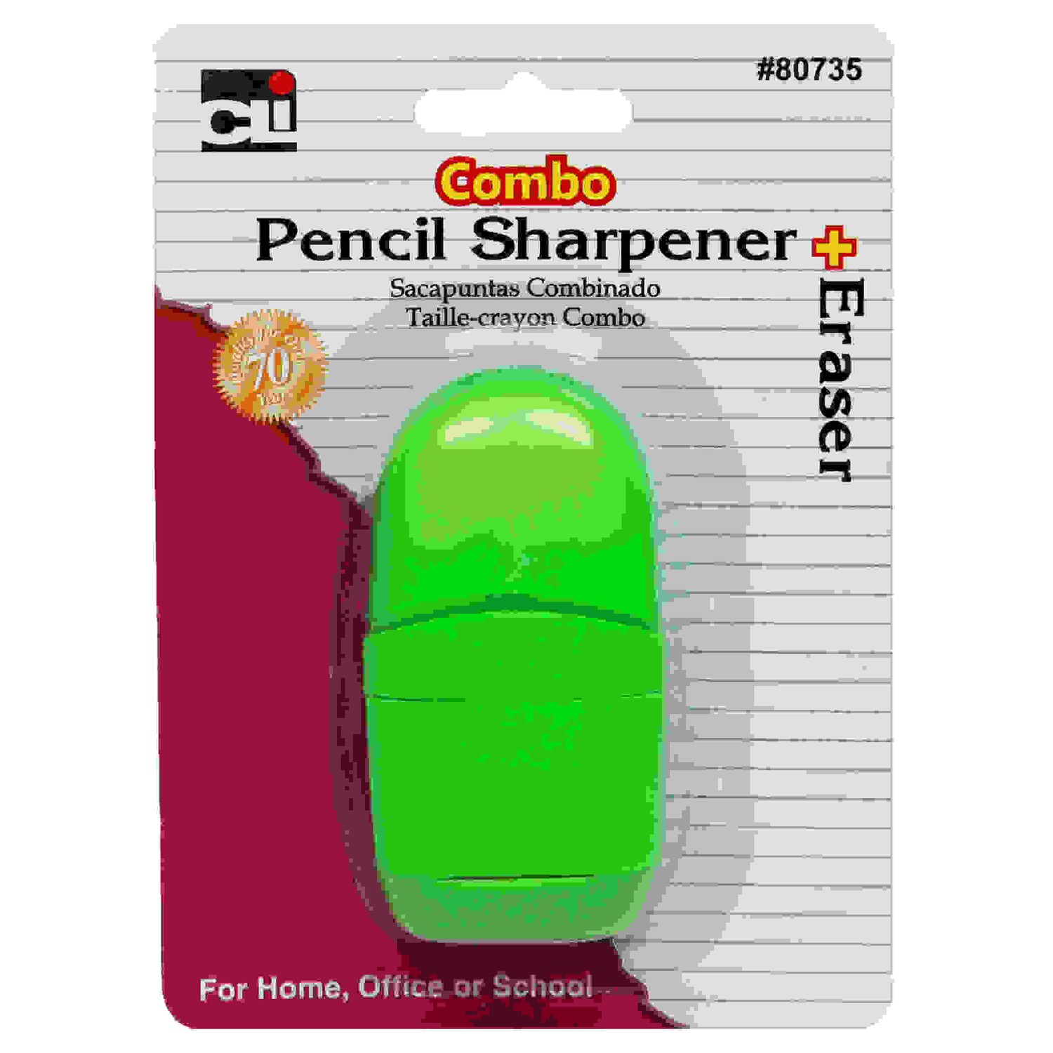 Pencil Sharpener/Eraser Combo, 1 Hole with Eraser, Plastic, with Receptacle, Assorted Colors