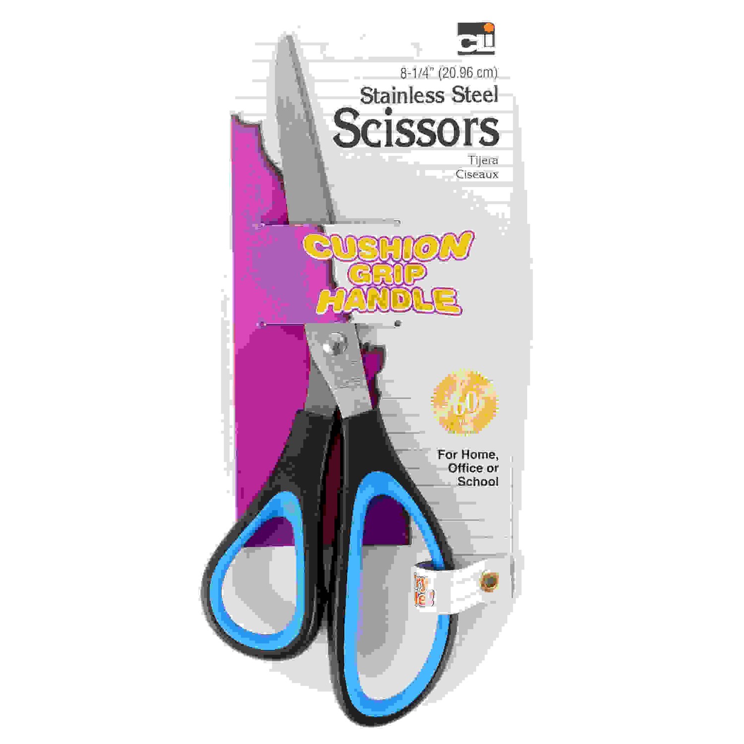 Stainless Steel Scissors with Cushion Grip Handle, 8-1/4" Straight, Blue/Black