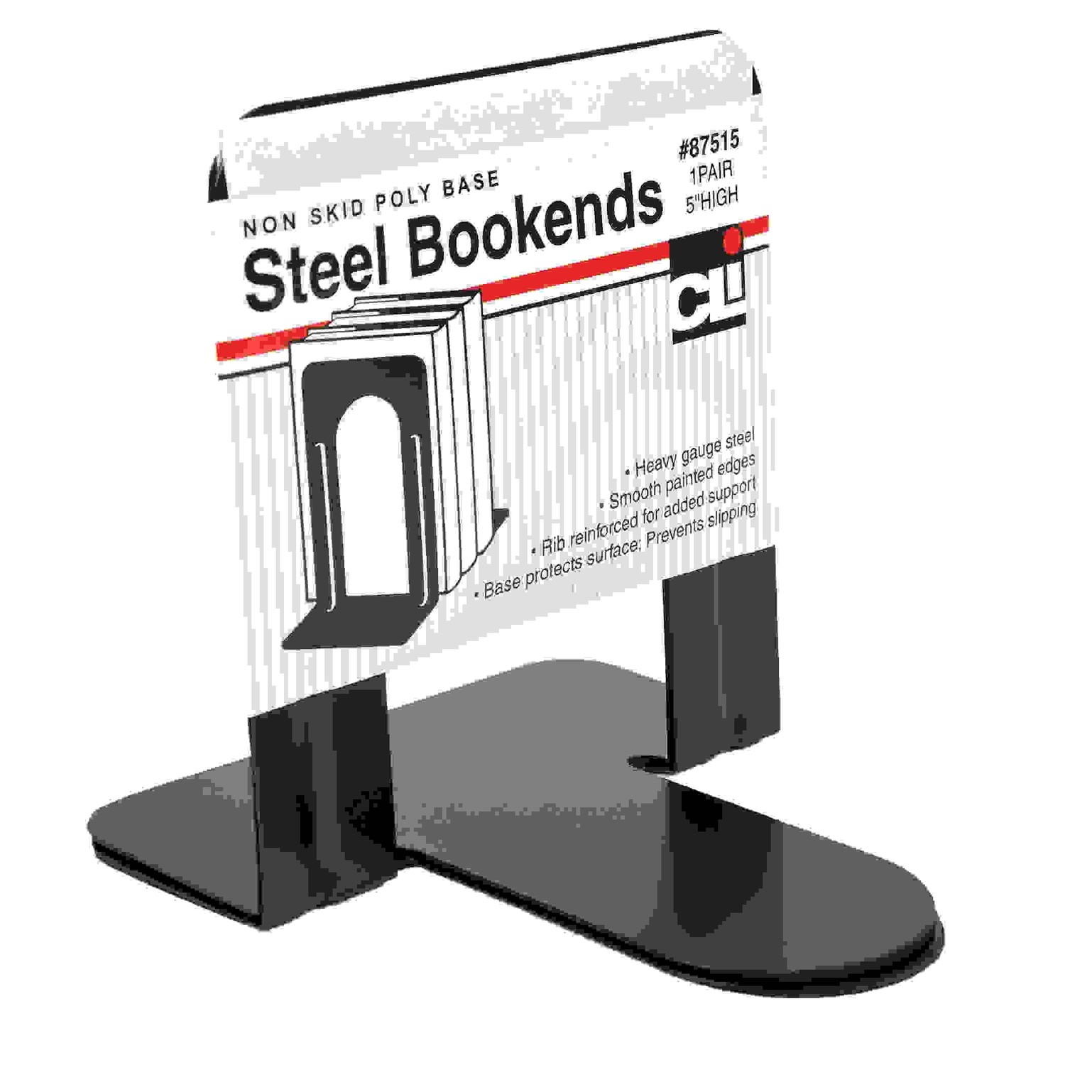 Bookends with Non-Skid Base, 5" Steel, Black, 1 Pair