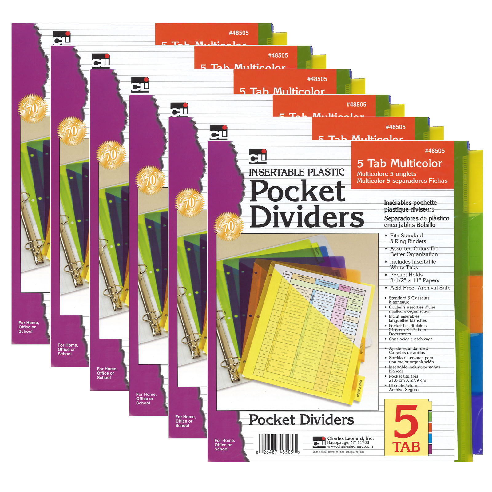 Index Dividers with Pockets, 5-Tab, Assorted Colors, 5/Pack, 6 Packs
