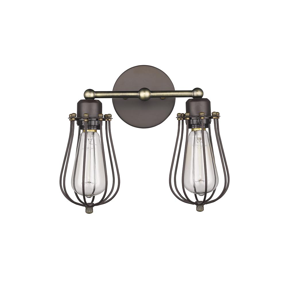 CHARLES Industrial-style 2 Light Rubbed Bronze Wall Sconce 12" Wide