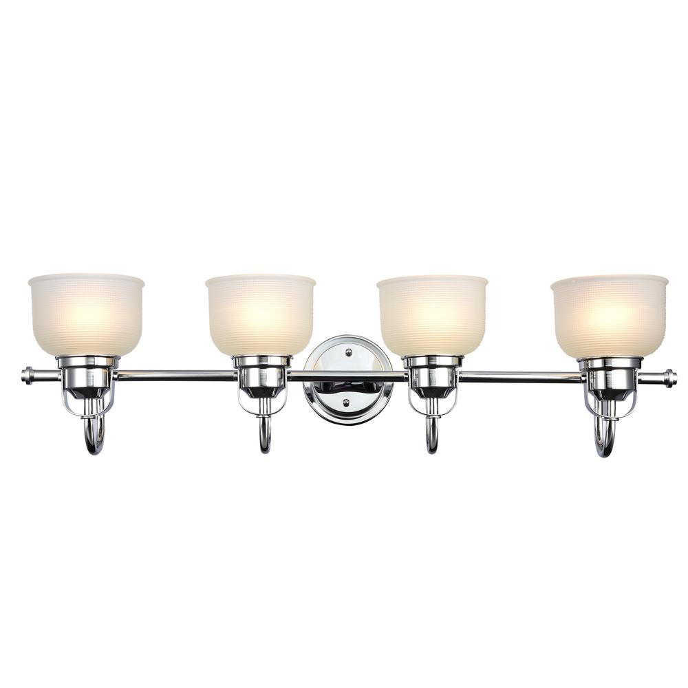 LUCIE Industrial-style 4 Light Chrome Finish Bath Vanity Wall Fixture White Frosted Prismatic Glass 34" Wide