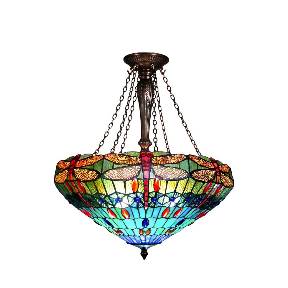 SCARLET Tiffany-style 3 Light Dragonfly Inverted Ceiling Pendant 24" Shade