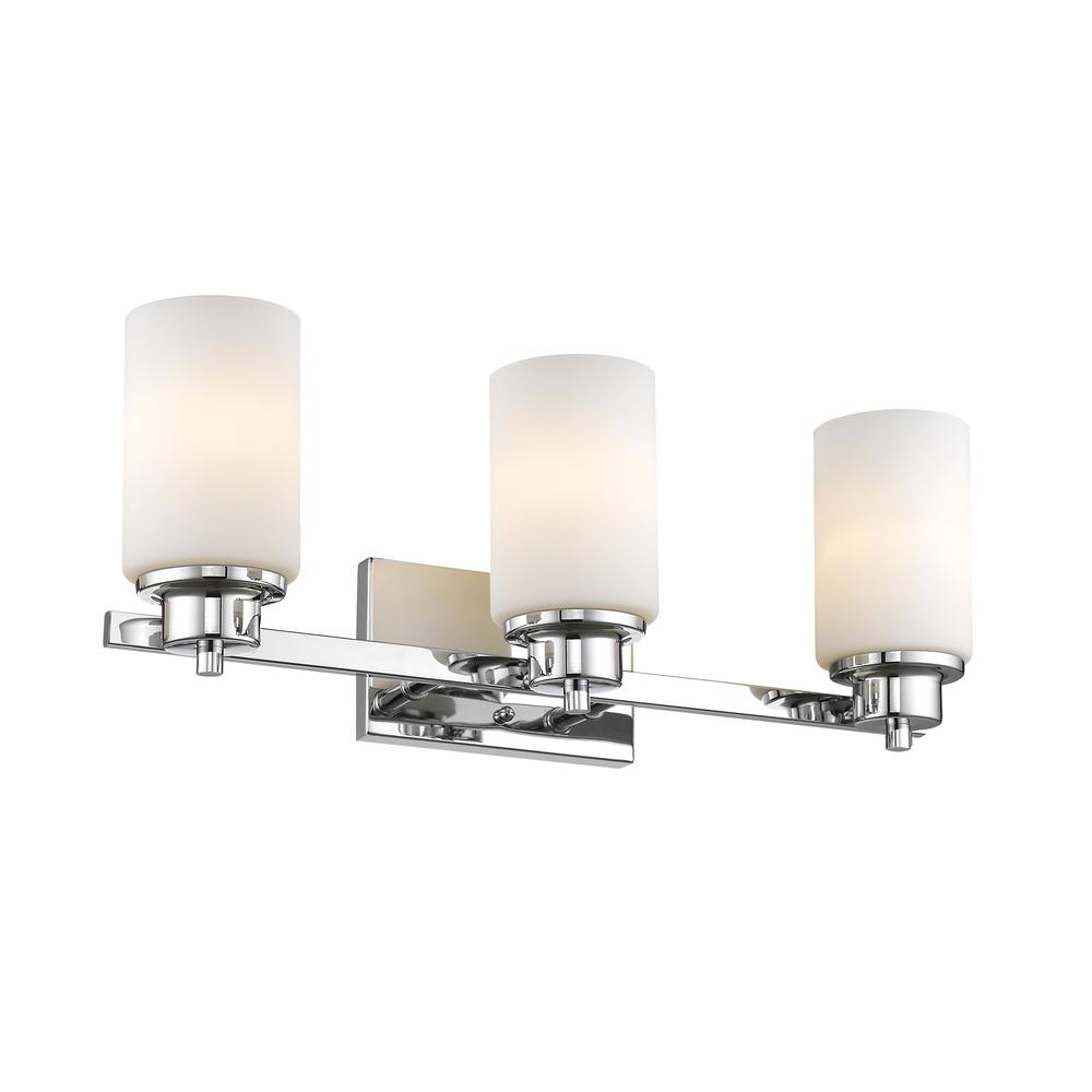 SCARLETT Contemporary 3 Light Chrome Finish Bath Vanity Light Etched White Glass 22" Wide
