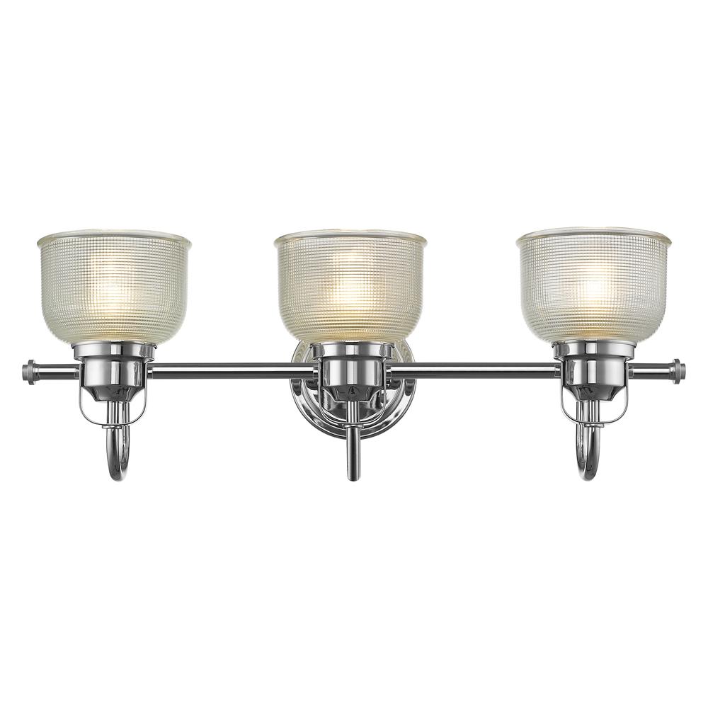 LUCIE Industrial-style 3 Light Chrome Finish Bath Vanity Wall Fixture Clear Prismatic Glass 25" Wide