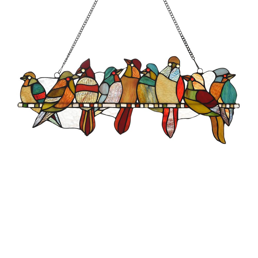 CHLOE Lighting BIRDS ON A VINE Tiffany-style Animal Design Window Panel 24" x 10"