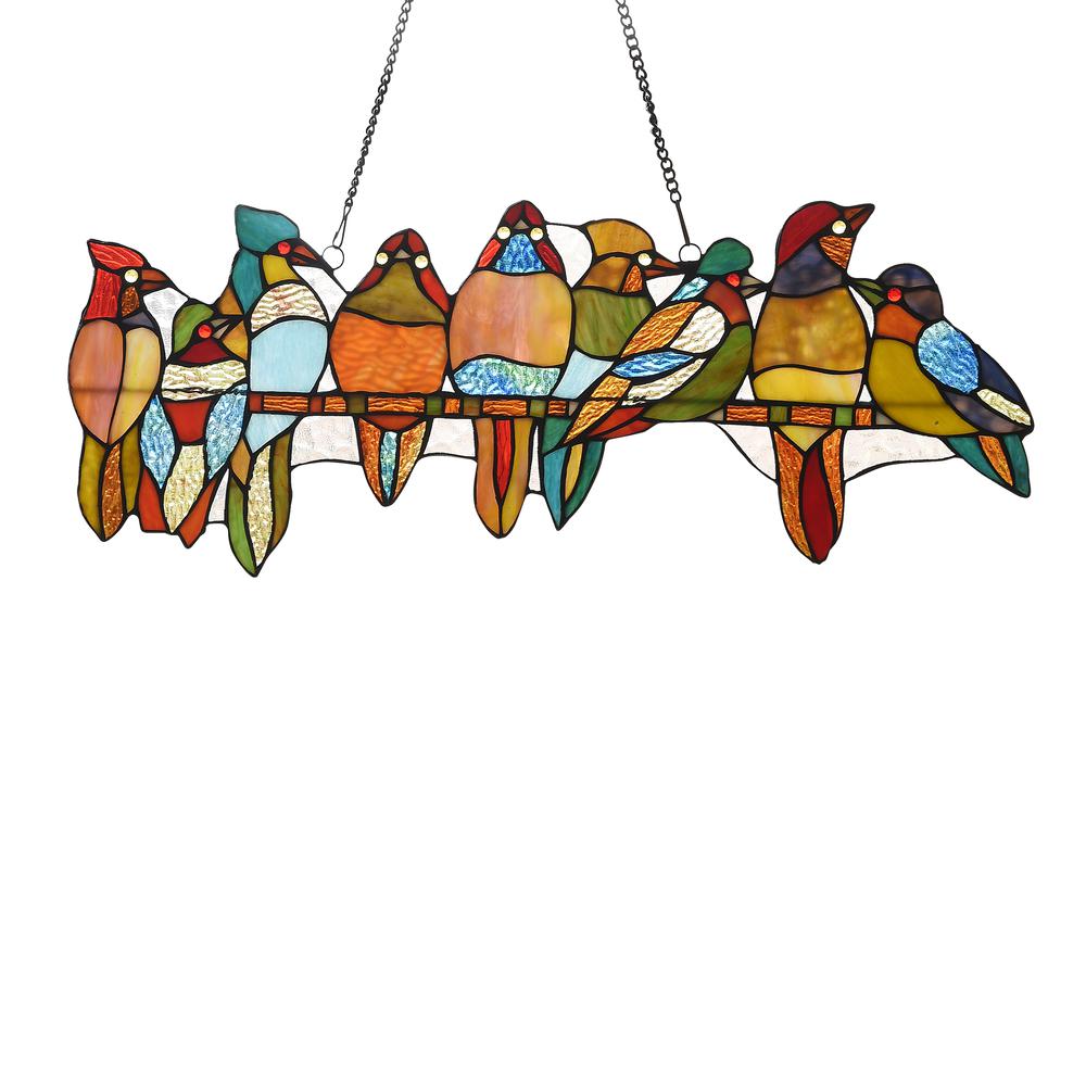 CHLOE Lighting BIRDS ON A VINE Tiffany-style Animal Design Window Panel 25" x 10"