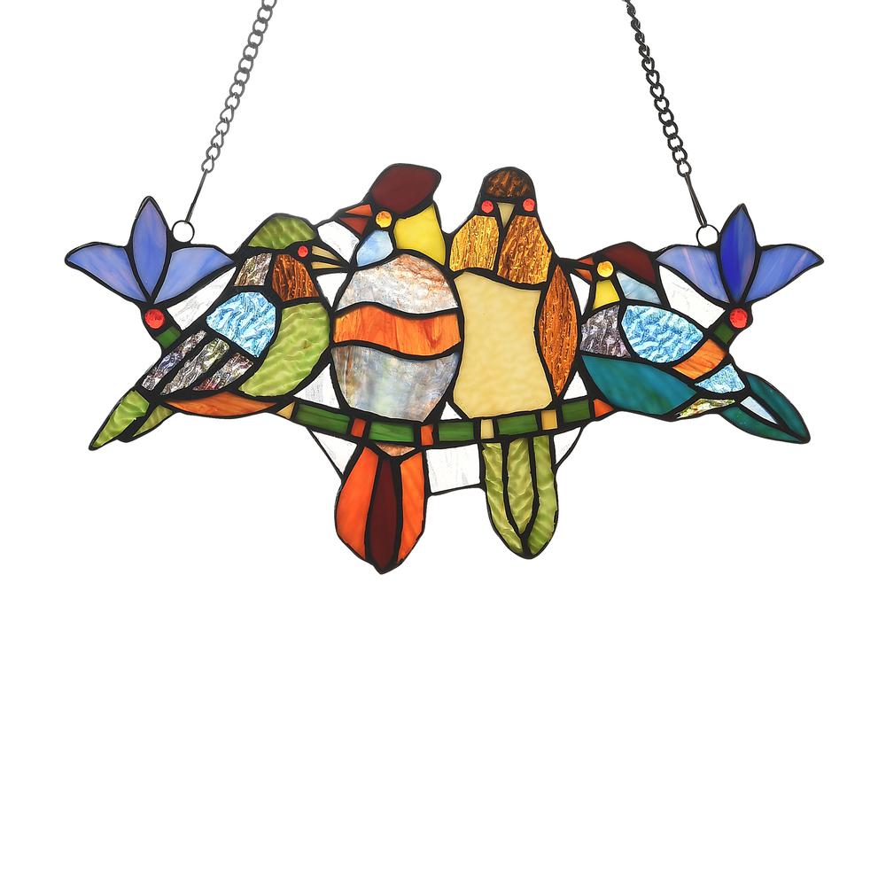 CHLOE Lighting TROPICAL BIRDS Tiffany-style Animal Design Window Panel 16" x 9"