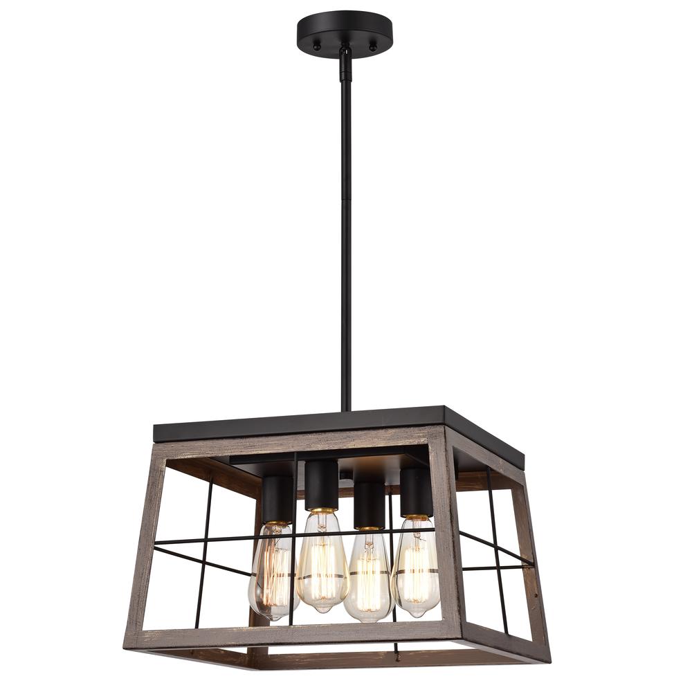 CHLOE Lighting IRONCLAD Industrial 4 Light Ancient Wood Large Pendant Ceiling Fixture 16" Wide