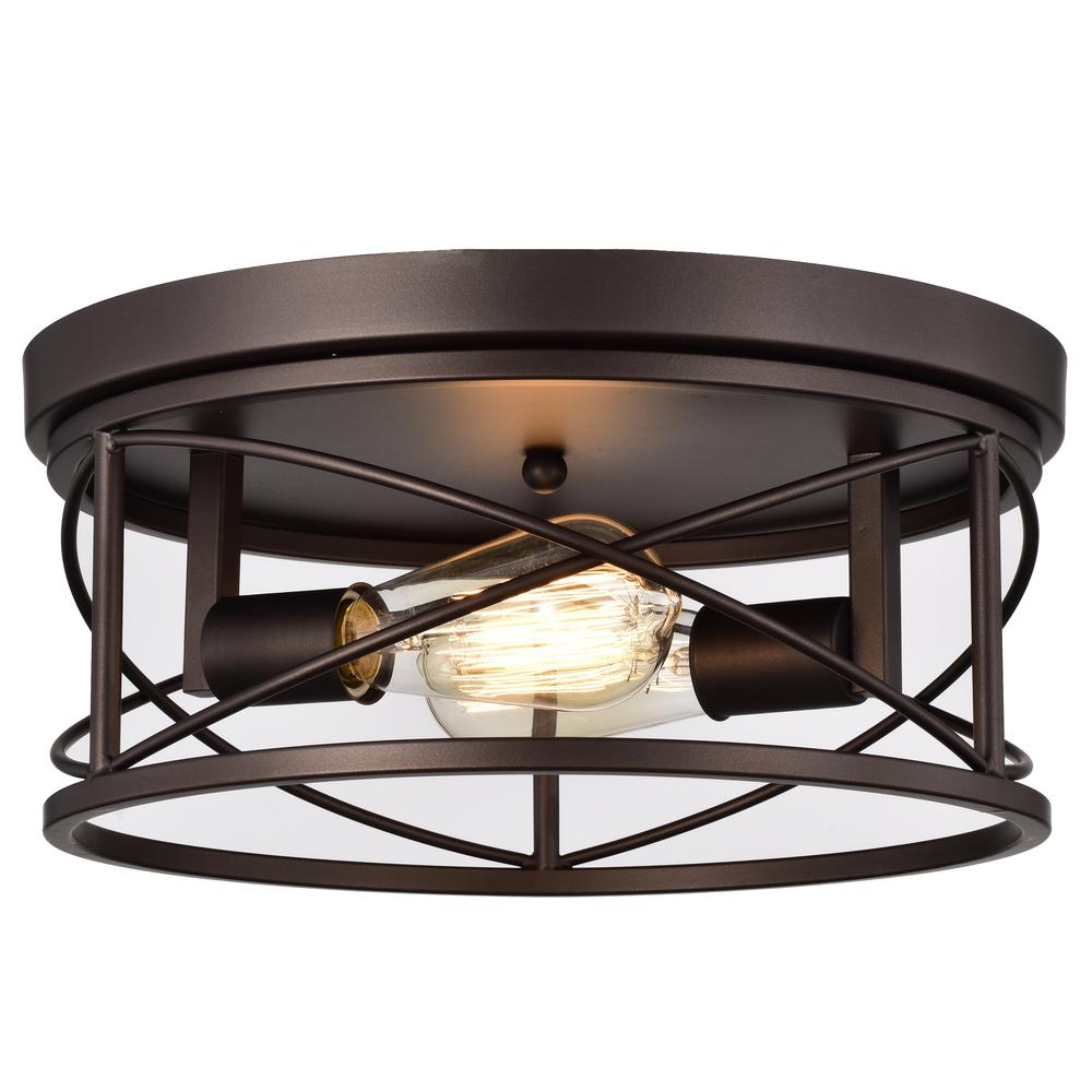 CHLOE Lighting IRONCLAD Industrial 2 Light Oil Rubbed Bronze Ceiling Flush Fixture 14" Wide