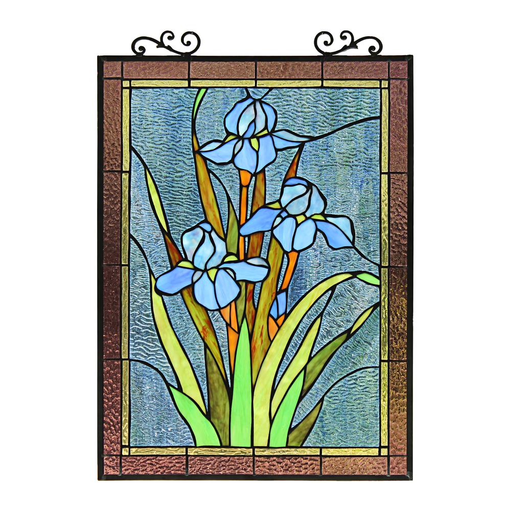 CHLOE Lighting BLUE IRIS Floral Tiffany-Style Stained Glass Verical Hanging Window Panel 25" Tall