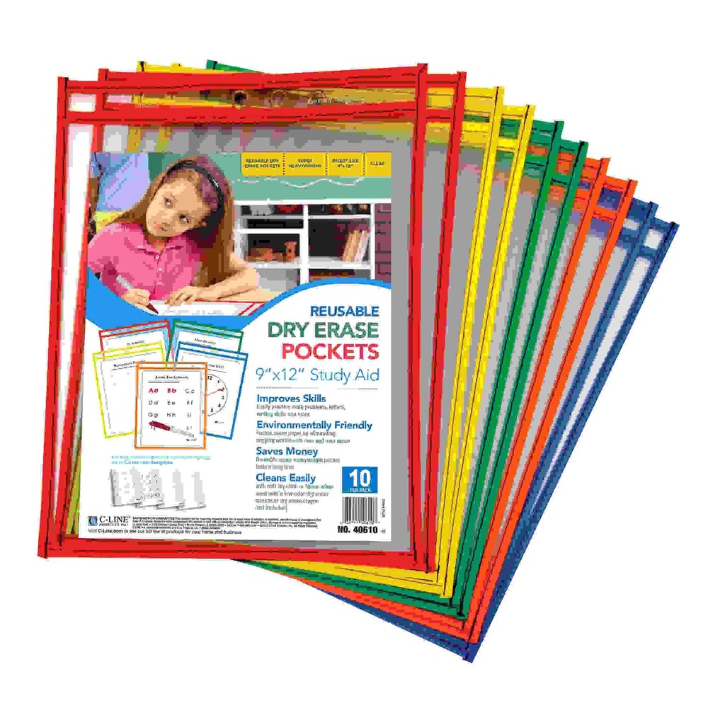 Reusable Dry Erase Pockets, Primary Colors, 9 x 12, Pack of 10