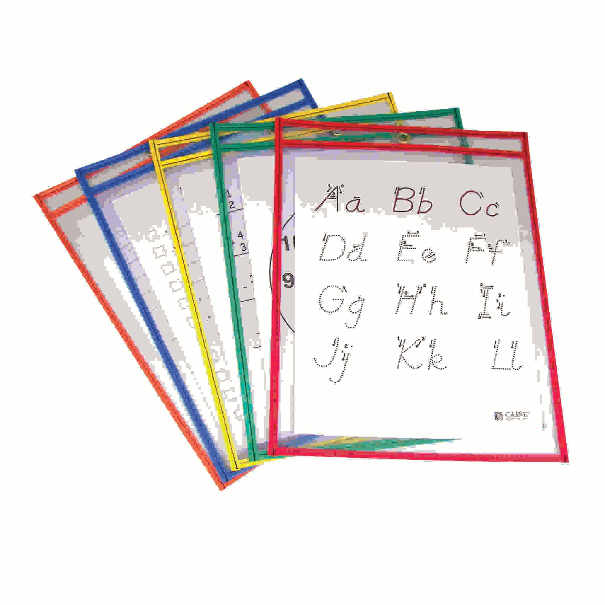 Reusable Dry Erase Pockets, Primary Colors, 9" x 12", Pack of 5