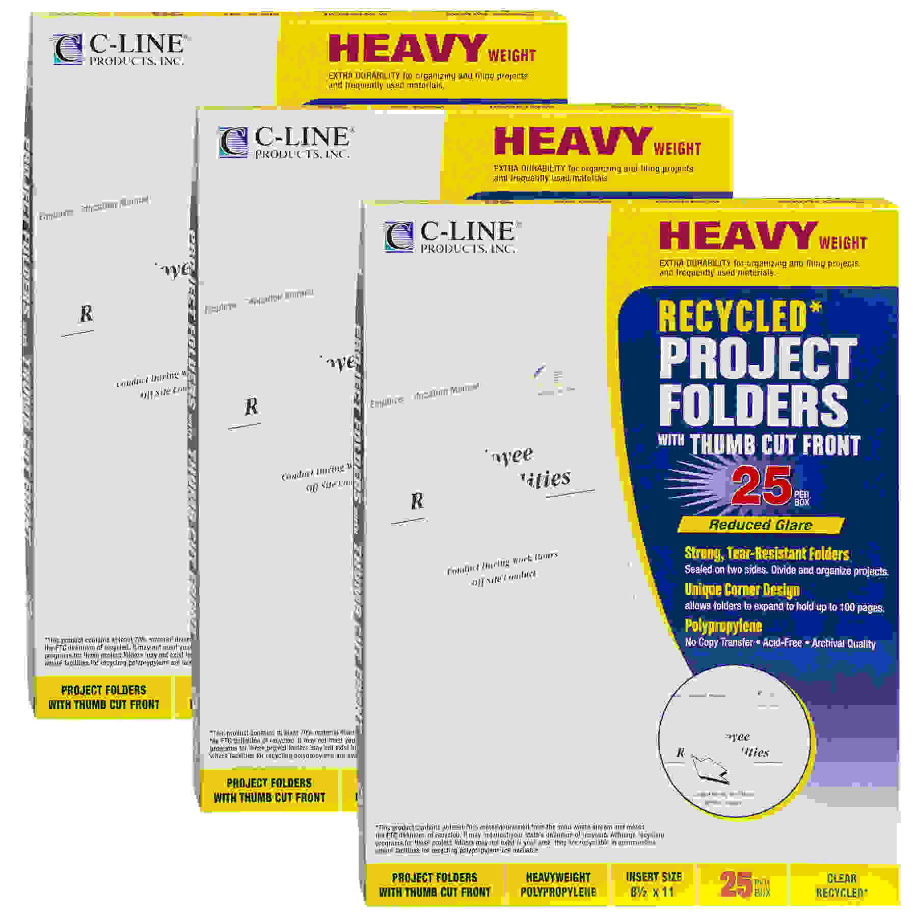Recycled Poly Project Folders, Clear, Reduced Glare, 11" x 8-1/2", 25 Per Box, 3 Boxes