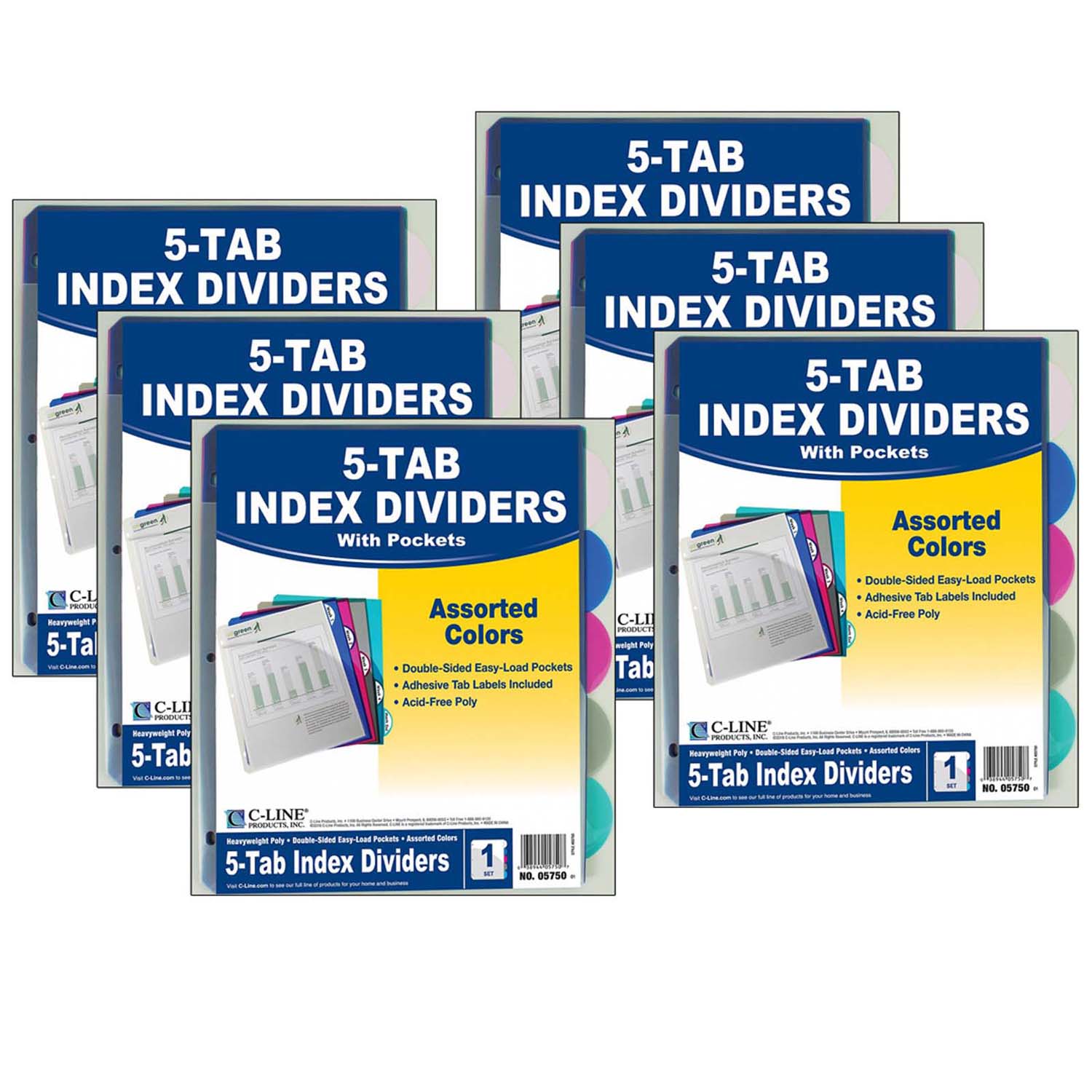 5-Tab Poly Index Dividers w/Slant Pocket, Assorted Colors, 5 Per Pack, 6 Packs