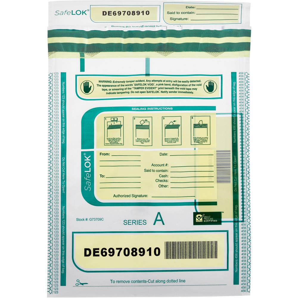 ControlTek SafeLOK Tamper-Evident Deposit Bags - 9" Width x 12" Length - Clear - 100/Pack - Deposit, Cash, Note, Bill