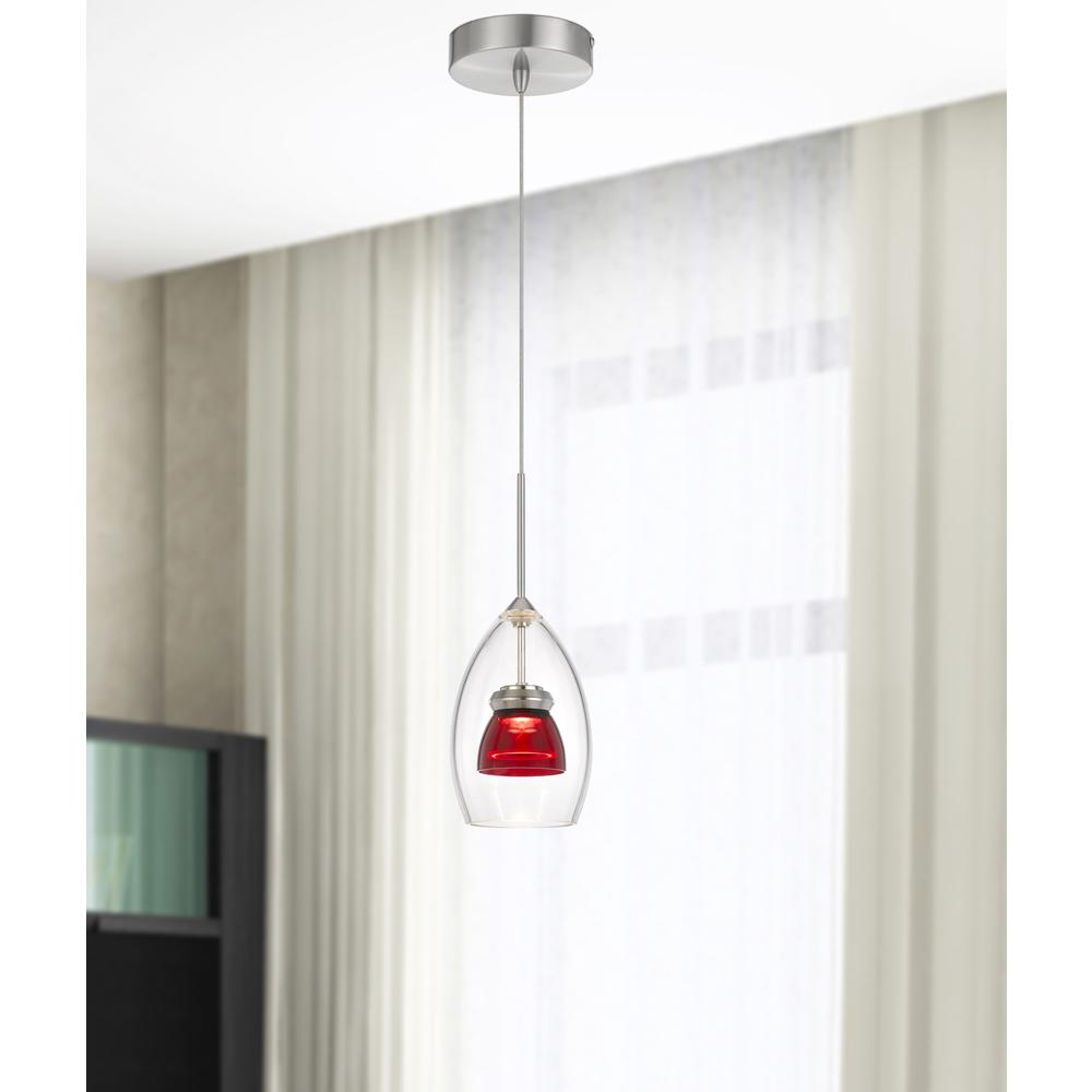 Integrated dimmable LED double glass mini pendant light. 6W, 450 lumen, 3000K, Red Clear