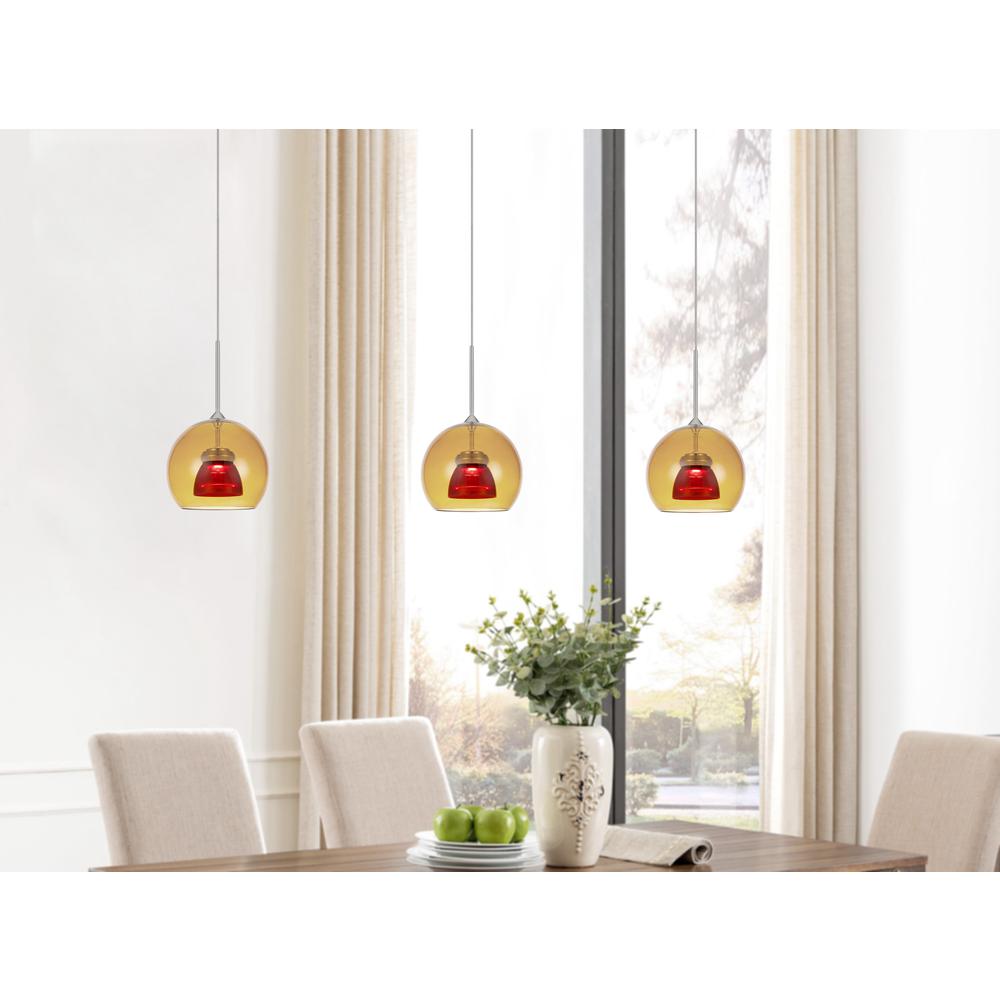 Integrated dimmable LED double glass mini pendant light. 6W, 450 lumen, 3000K in Amber/Red