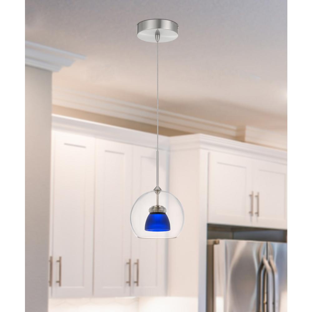 Integrated dimmable LED double glass mini pendant light. 6W, 450 lumen, 3000K in Frosted Blue