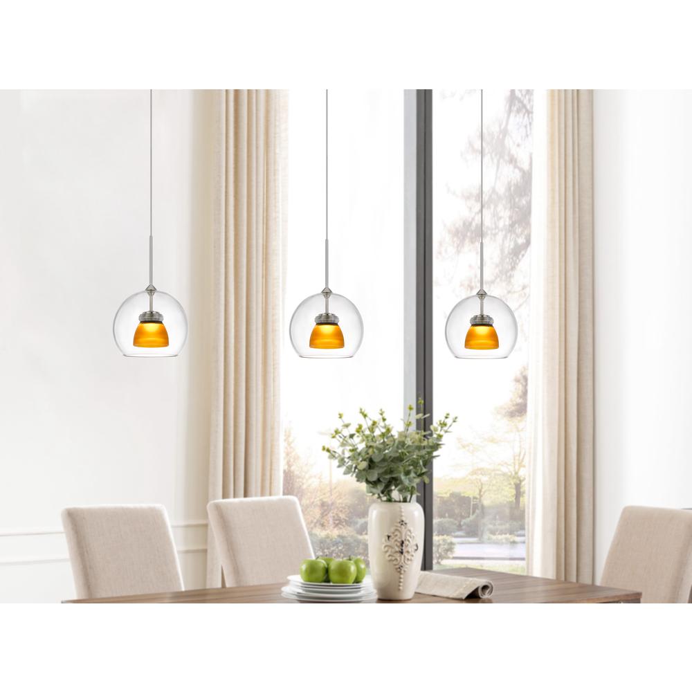 Integrated dimmable LED double glass mini pendant light. 6W, 450 lumen, 3000K in Frosted Yellow
