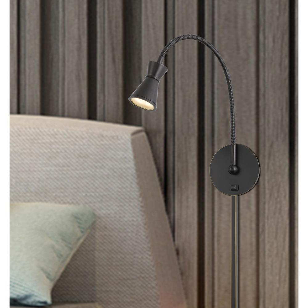Acerra integrated LED gooseneck wall lamp with on off rocker switch. 5W, 380 lumen, 3000K. 3 x 1ft wire cover are included), Dar