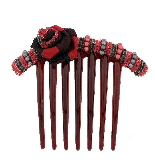 Beaded Rose French Comb with Red and Black Swarovski Crystals - White Caravan Card