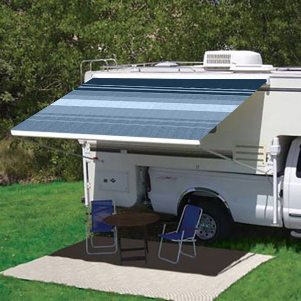 Campout 13'1L X 8'2Ext. Ocean Blue Dune Striped Vinyl Manual Patio Awning