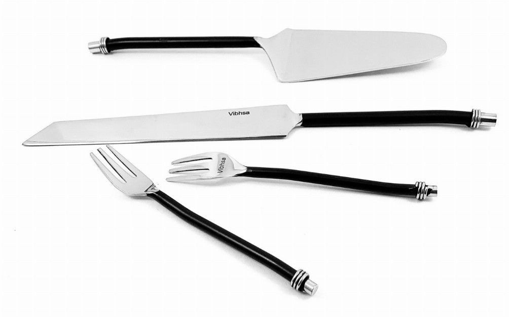 Vibhsa Cake Server, Knife and Cake Forks Set (Black, Twisted Handle)