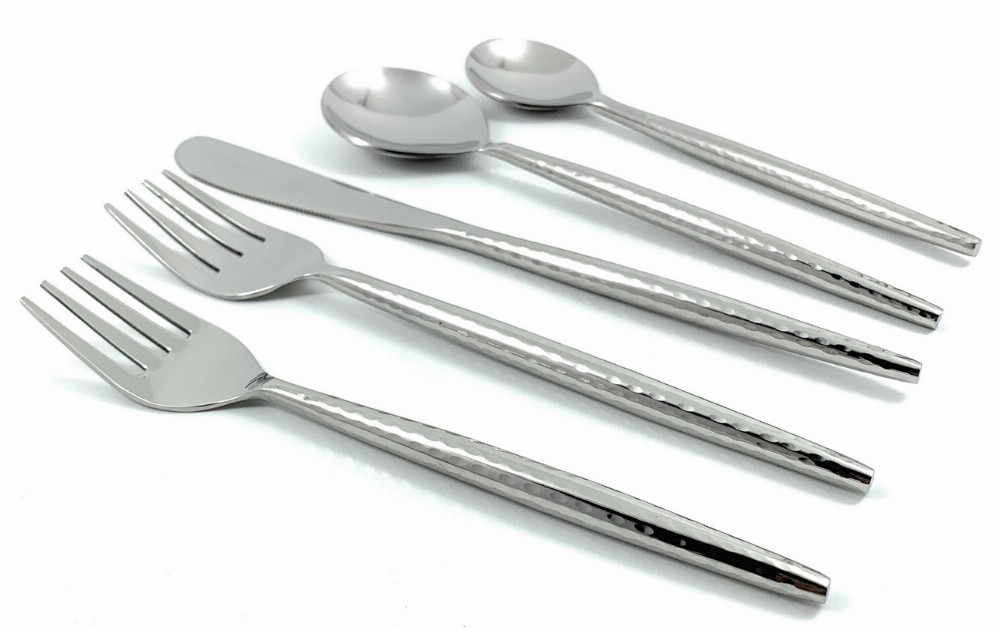Vibhsa Stainless Steel Flatware Set of 5 Pieces (Hammered, Silver Glossy)
