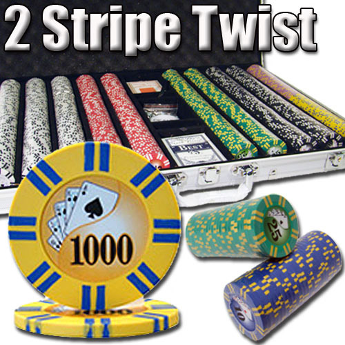 1000 Count - Pre-Packaged - Poker Chip Set - 2 Stripe Twist 8 G - Aluminum