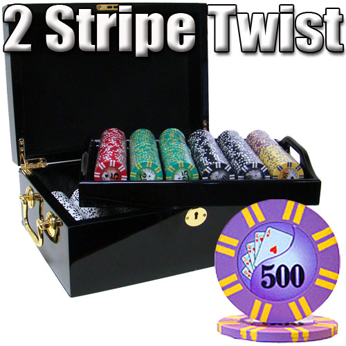 500 Count - Pre-Packaged - Poker Chip Set - 2 Stripe Twist 8 G - Black Mahogany