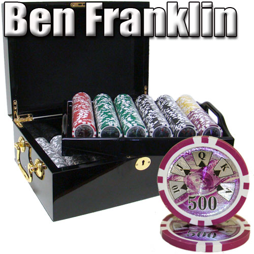 500 Count - Pre-Packaged - Poker Chip Set - Ben Franklin 14 G - Black Mahogany