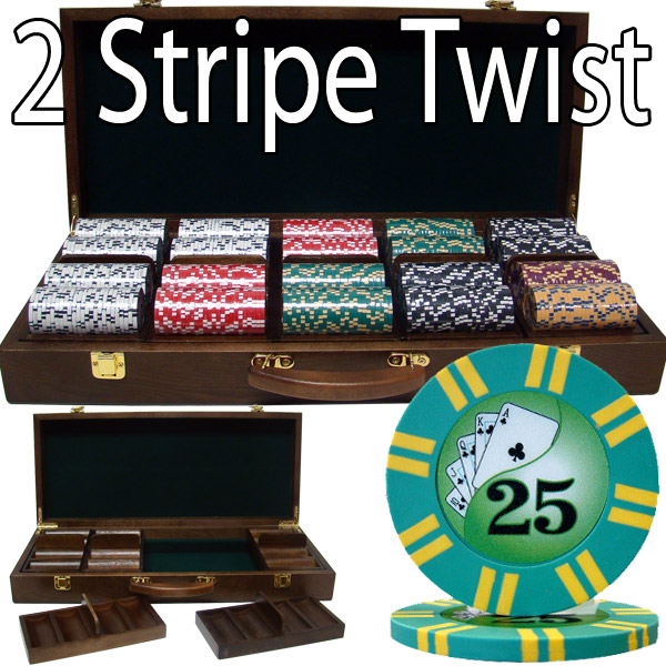 500 Count - Pre-Packaged - Poker Chip Set - 2 Stripe Twist 8 G - Walnut Case