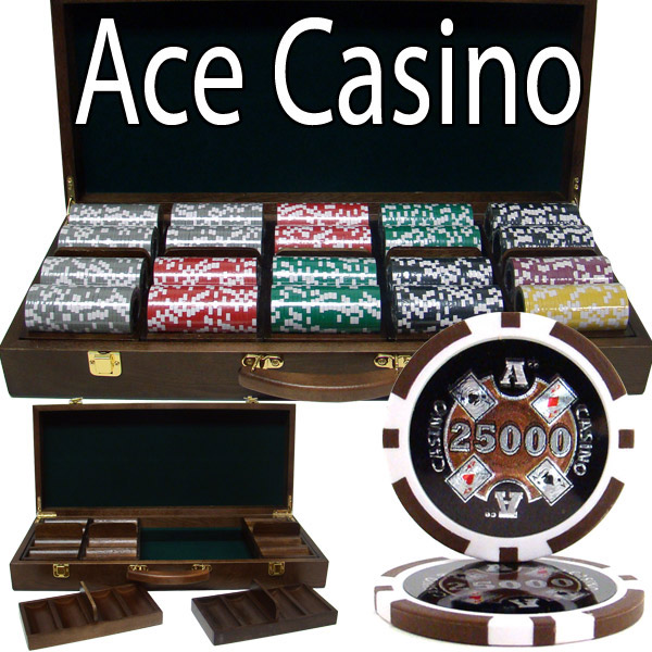 500 Count - Custom - Poker Chip Set - Ace Casino 14 Gram - Walnut Case