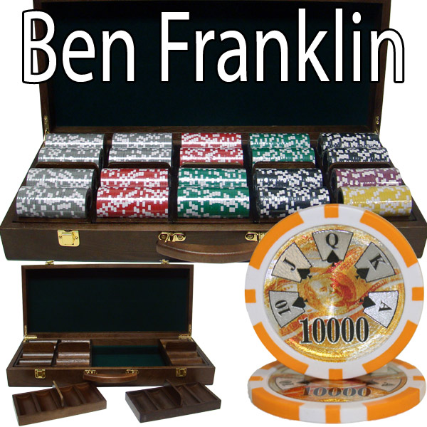 500 Count - Pre-Packaged - Poker Chip Set - Ben Franklin 14 G - Walnut Case