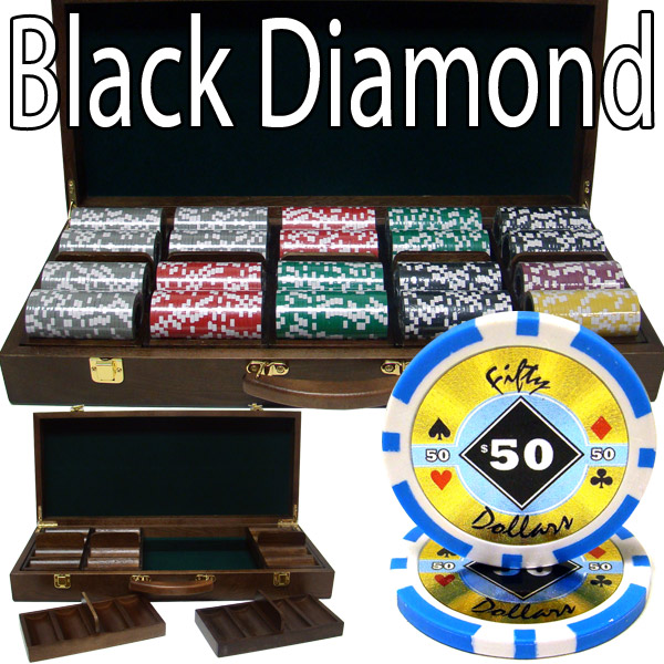 500 Count - Pre-Packaged - Poker Chip Set - Black Diamond 14 G - Walnut Case