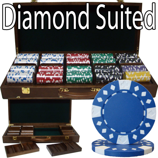 500 Count - Custom - Poker Chip Set - Diamond Suited 12.5 G - Walnut Case