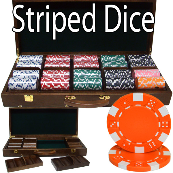 500 Count - Custom Breakout - Poker Chip Set - Striped Dice 11.5 G - Walnut Case