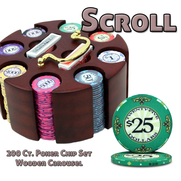 200 Ct Custom Breakout Scroll Poker Chip Set in Wooden Carousel