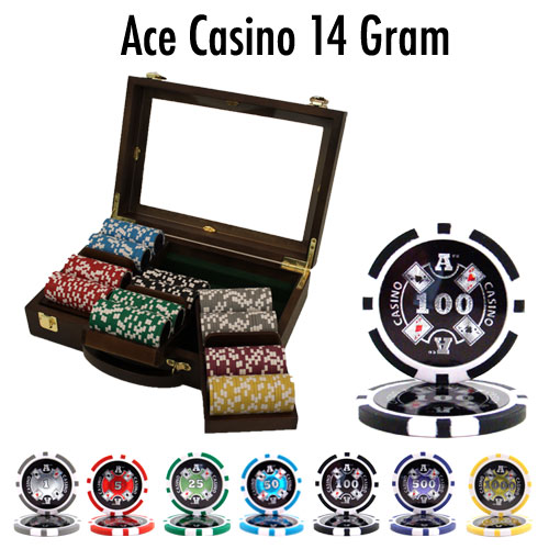 300 Count Pre-Packaged Ace Casino 14 Poker Chip Set - Walnut
