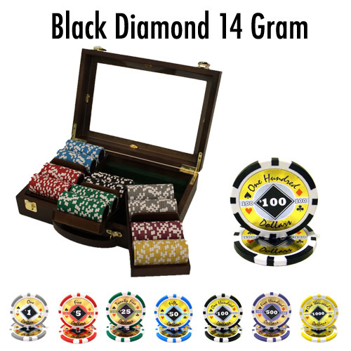 300 Count - Pre-Packaged - Poker Chip Set - Black Diamond 14 G - Walnut